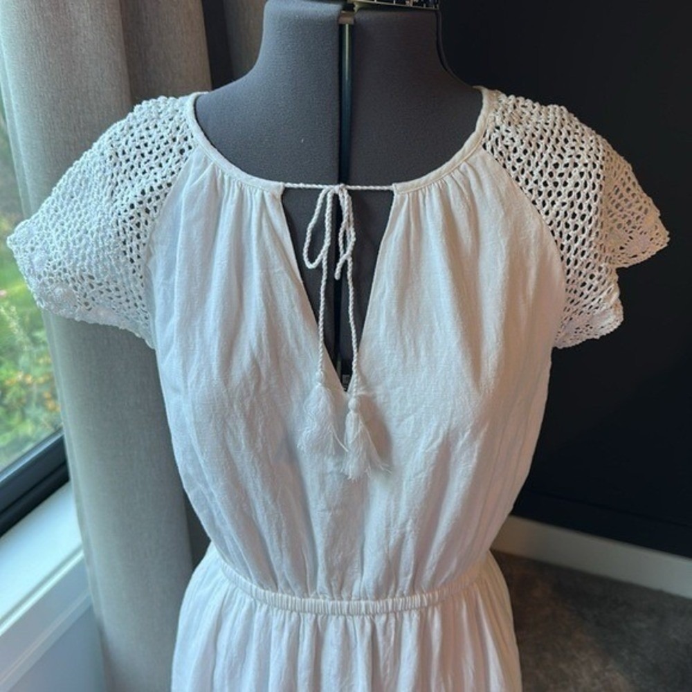 Old Navy White Linen Blend Crochet Sleeve Midi Dress Tassel Tie Boho Peasant S - Picture 11 of 13